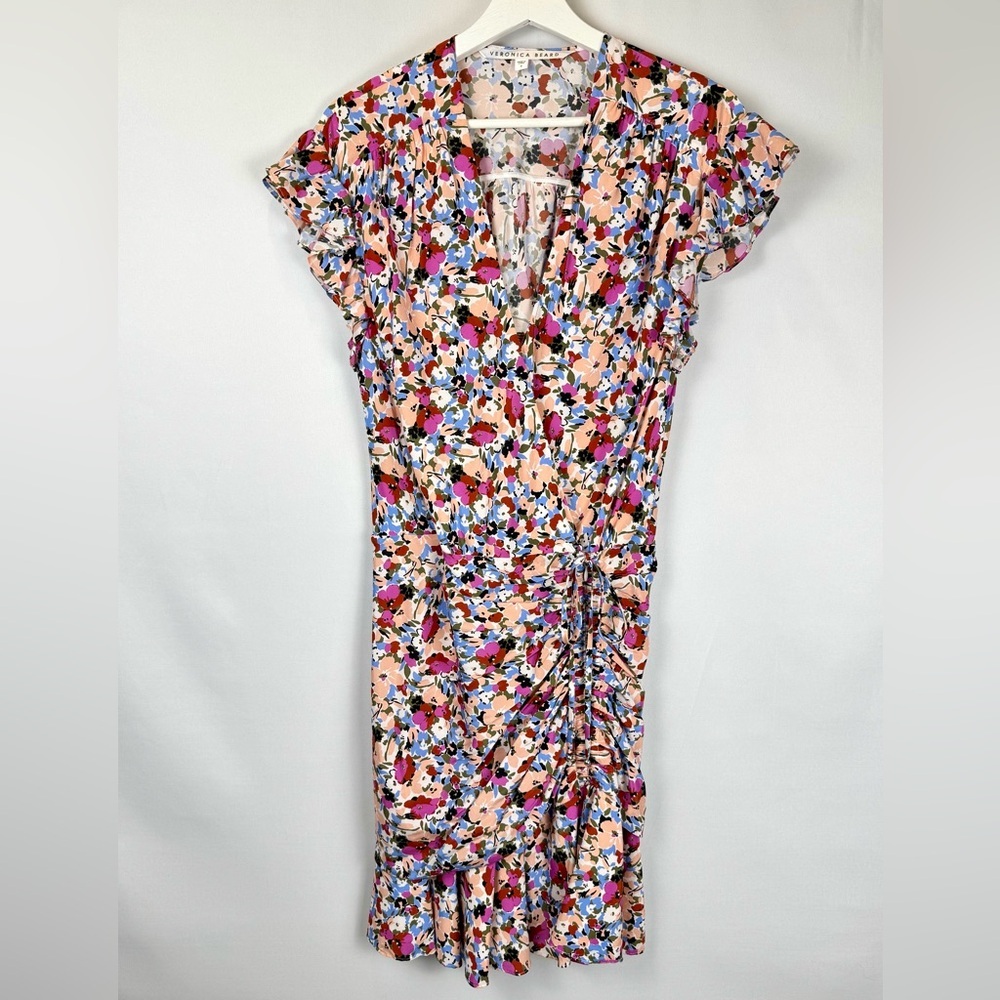 Veronica Beard Marla Ruched Floral Dress Short Flutter Sleeves Silk Blend Size 4 - Picture 3 of 16